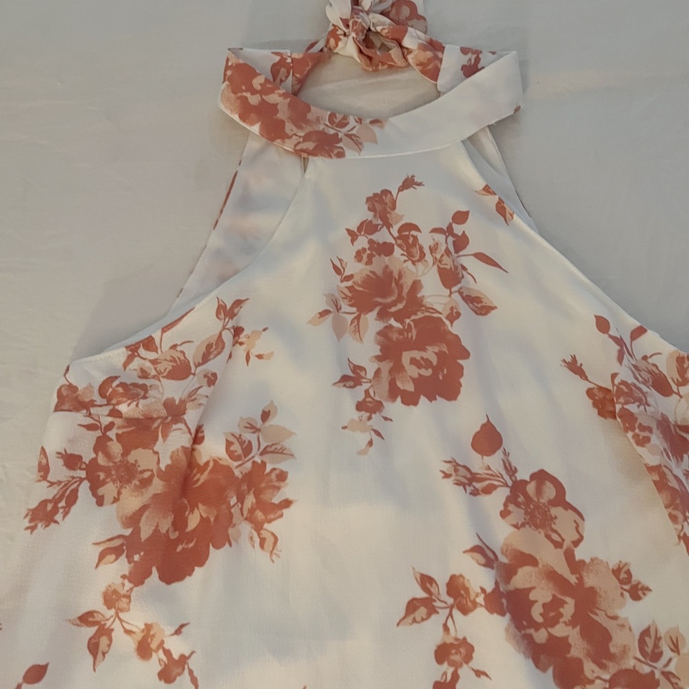 WHITE & PINK FLORAL MINI DRESS WITH TIE NECK